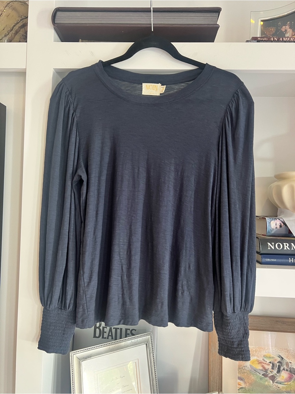 Navy Long-Sleeve Smocked Cuff Top